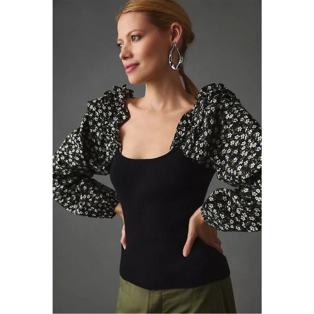 by ANTHROPOLOGIE | NWT Woven Ruffle Sleeve Sweater Black Motif
